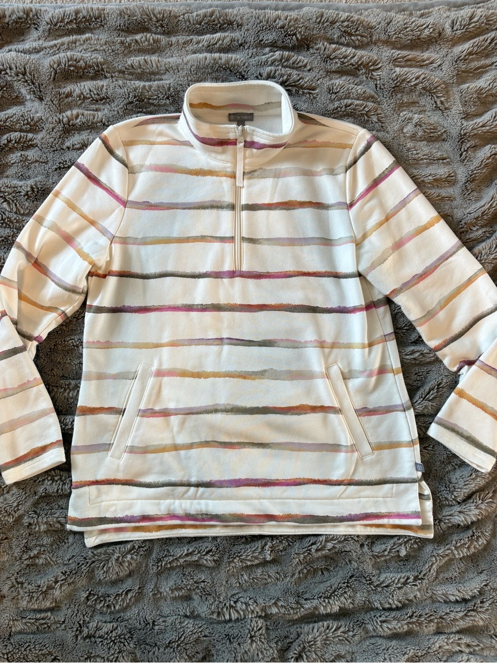 T by Talbots Cream Quarter-Zip Striped Pullover